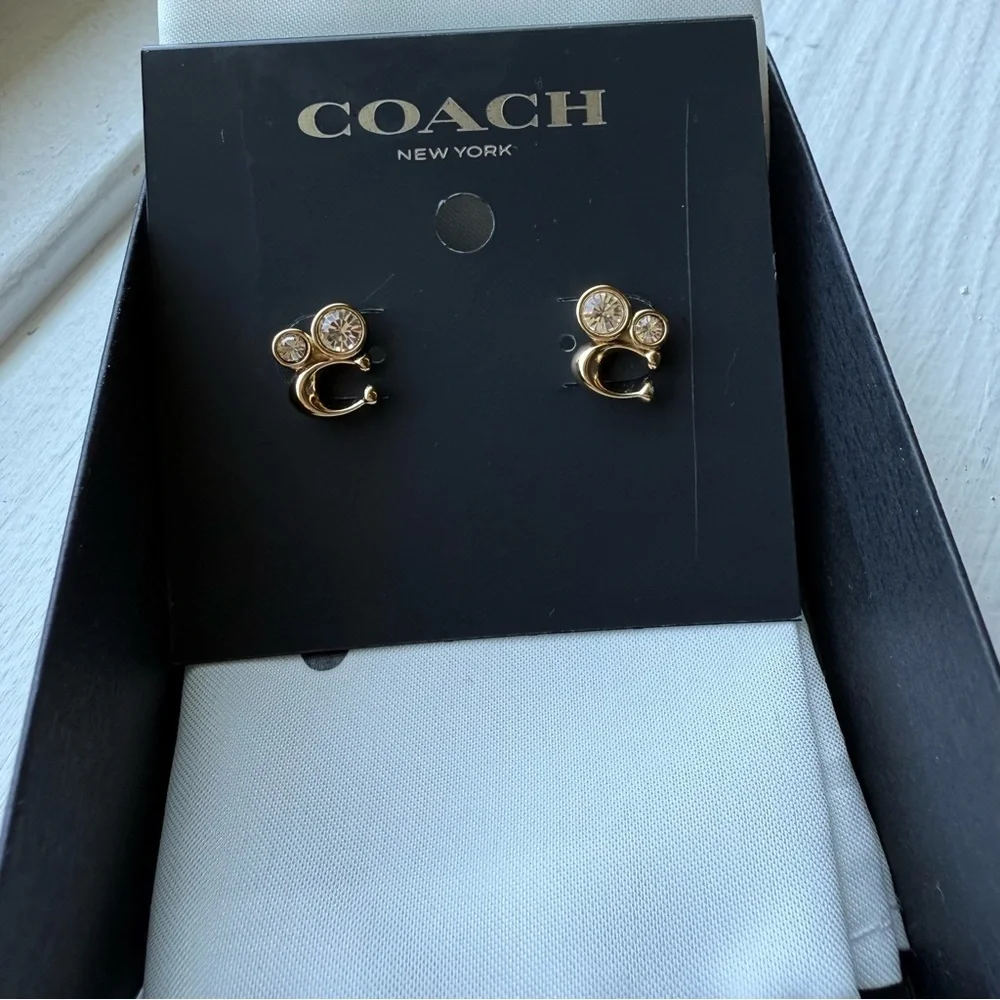 Coach Crystal C Logo Stud Earrings Gold Tone | Signature Logo Sparkle | NWT - Picture 2 of 3